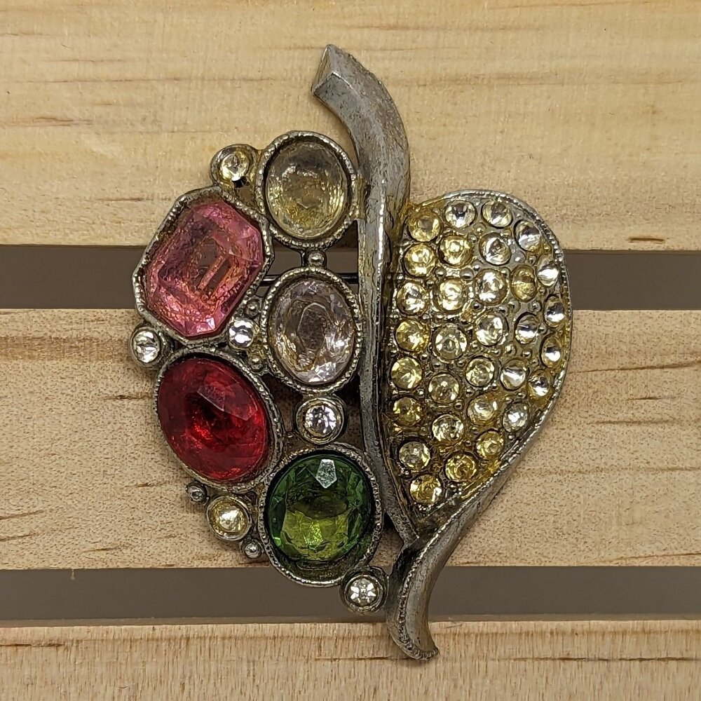 Vintage Heart Leaf Brooch Pin With Multicolored Rhinestones Autumn Fall Pave